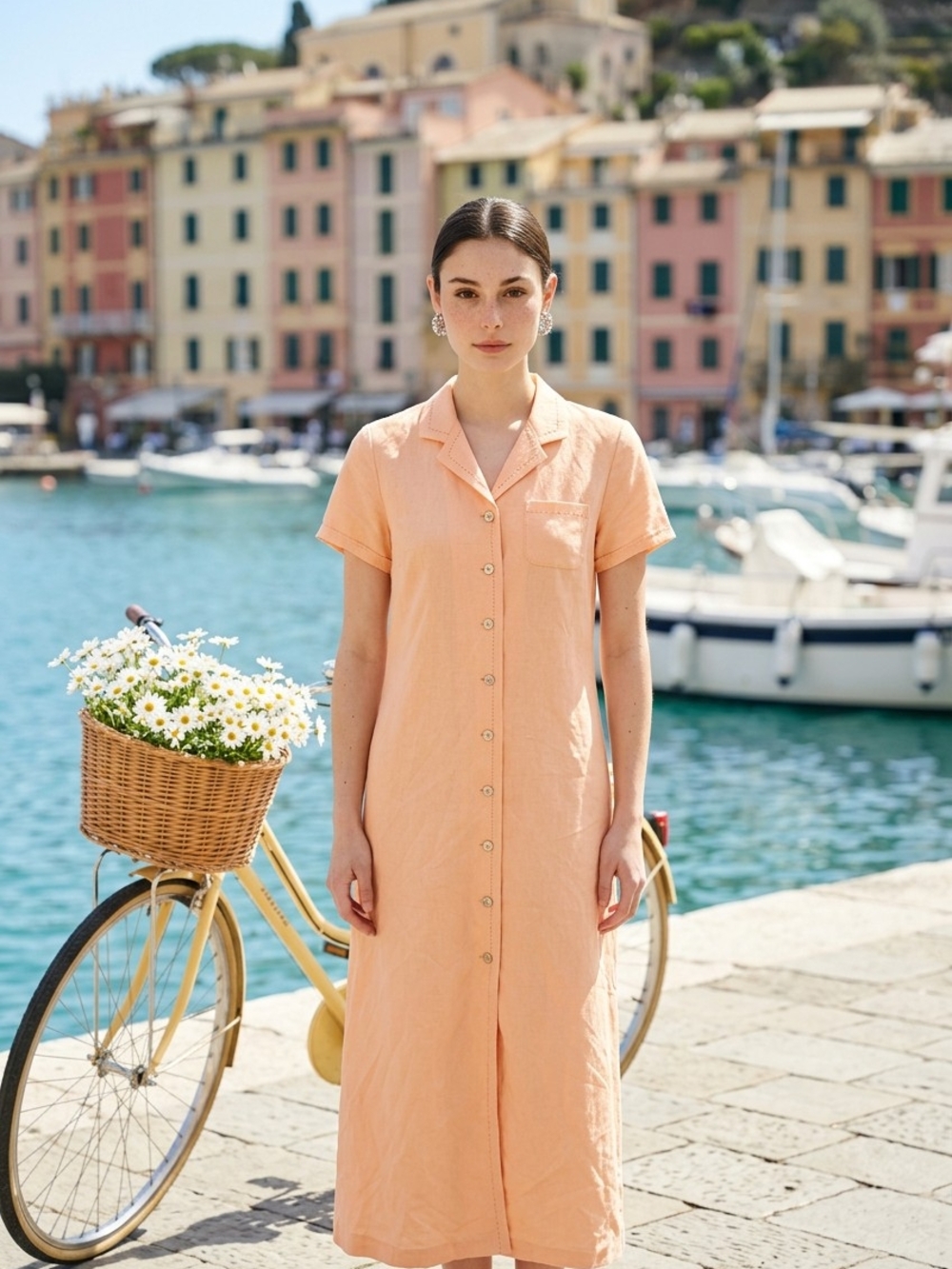 Evan-Picone Peach Linen Button-Front Dress